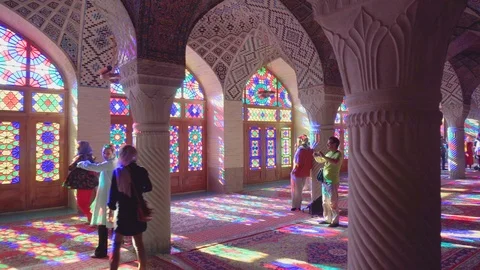 Panning motion inside the Nasir al-Mulk Mosque (Pink Mosque) Stock Footage 100657468