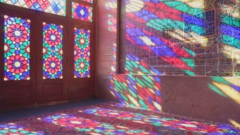 Panning motion inside the Nasir al-Mulk Mosque (Pink Mosque) Stock Footage 100657525