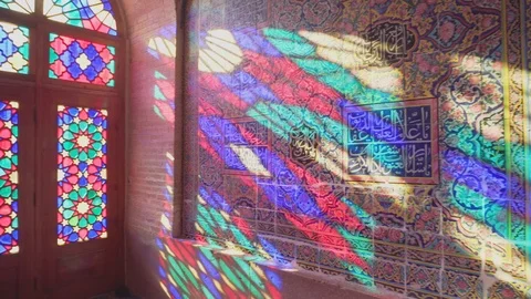 Panning motion inside the Nasir al-Mulk Mosque (Pink Mosque) Stock Footage 100657550