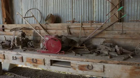 Panning of old tools on work station Stock Footage 142984734