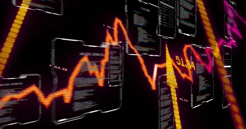 Panning orange jagged waveform bisecting frame, meeting magenta trace and code Stock Footage 331169154