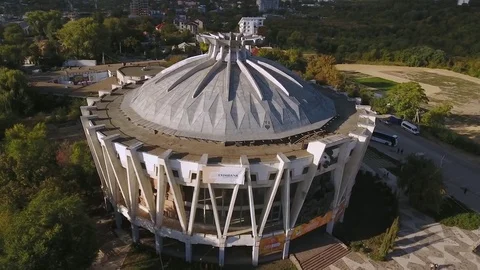 Panning orbit of abandoned Soviet circus building in Chisinau. Moldova. Stock Footage 71385302