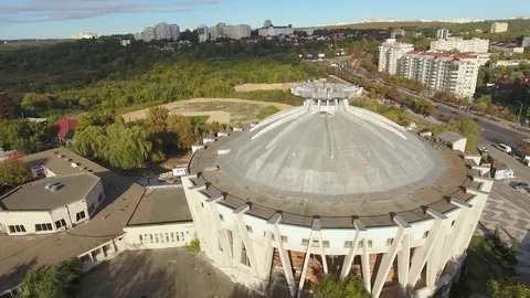 Panning orbit of abandoned Soviet circus building in Chisinau. Moldova. Stock Footage 71385550