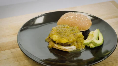 Panning Over a Green Chile Cheeseburger Stock Footage 141014255