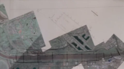 Panning over multiple city and building plans and maps on office wall. Stock Footage 88438247