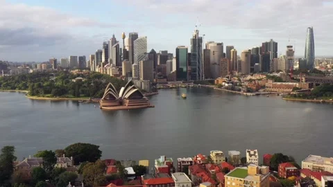 Panning over Sydney harbour facing city CBD waterfront with landmarks in 4k. Stock Footage 166924739