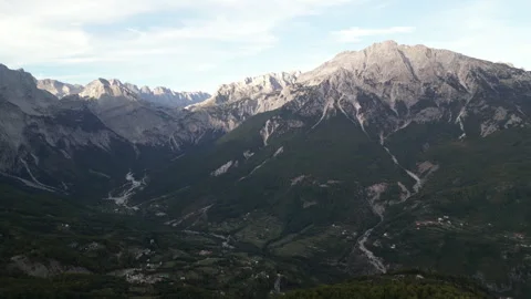 Panning Over Theth Mountains at Sunset Stock Footage 258390315
