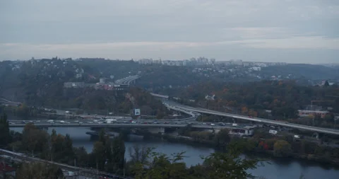 Panning over traffic jam by the river Stock Footage 163358246
