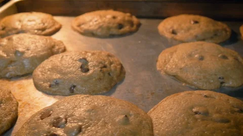 Panning Over a Tray of Fresh Baked Chocolate Chip Cookies in an Oven - 4k Stock Footage 102533089
