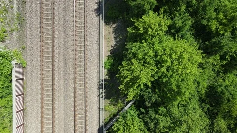 Panning Overhead shot from a green garden to an empty railroad / railways Stock Footage