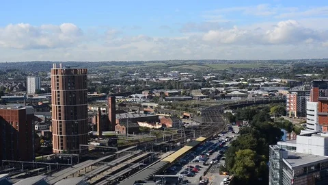 Panning panoramic view of leeds city skyline united kingdom Stock Footage 80420860