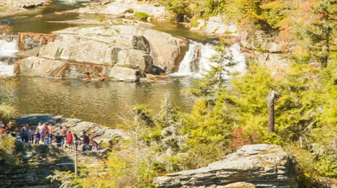 Panning Past Fall Colored Trees to Above Linville Falls, NC Stock Footage 34268523