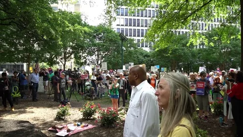 Panning from protesters at park to man on a stage giving speech Stock Footage 76835902