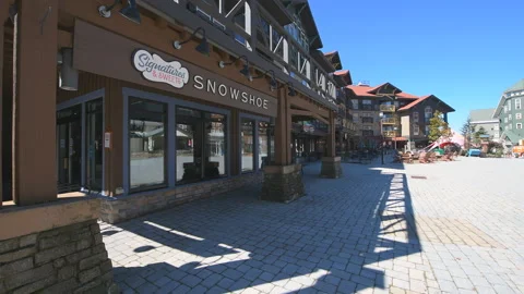 Panning retail stores shops in ski resort town in Snowshoe, West Virginia Stock Footage 154182269