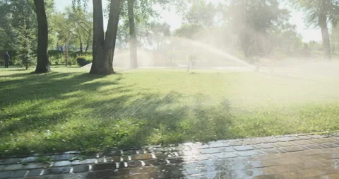 Panning, riding along automatic lawn watering in city park, side view. Green 스톡 동영상 246724106