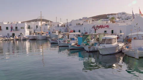 Panning Right-to-Left View of Boats Docked at Paros Harbor Stock-Footage 290133637