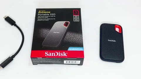 Panning right on a SanDisk SSD Drive on a white background.store. Stock Footage 157489048