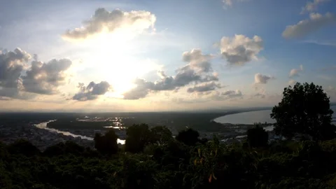 Panning right video view of dramatic sunbeams or god rays shining. Stock Footage 328819266