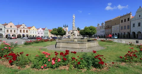 Panning right view of Marian column and main square of township Telc Stock Footage 337984771