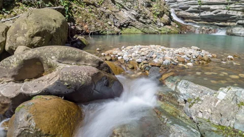 Panning right view of a mountain stream with rocks Stock Footage 142188484
