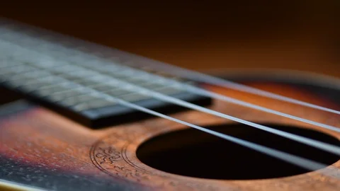 Panning shot of 4 string ukulele Stock Footage 129442493