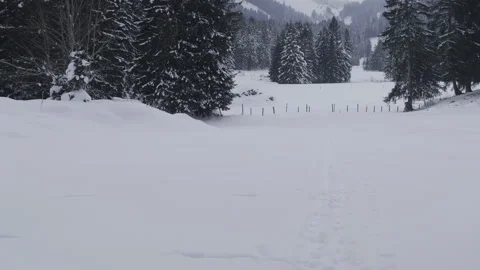 Panning shot of alpine view with the mountain peaks covered with snow Stock Footage 231723273
