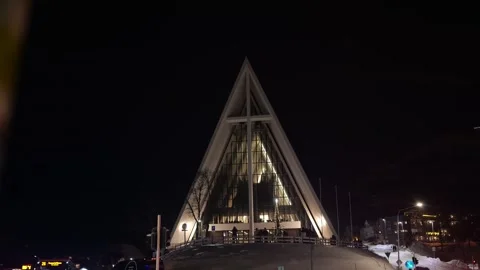 Panning shot of the Arctic Cathedral at night in Tromso, Norway Stock Footage 301466471