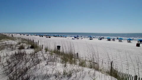 Panning Shot of Beach with Umbrellas and Atlantic Ocean Stock Footage 292913334