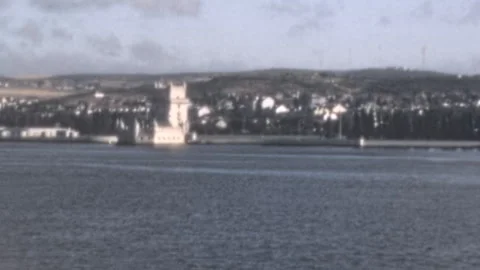 Panning Shot of Belem Tower and Tagus River in Lisbon Portugal 1960s Stock Footage 338351955