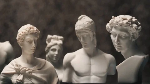 Panning Shot Between Many Old Ancient Roman Era Statues Sculptures Figures Stock Footage 90190013