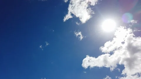 Panning Shot of the Blue Skies with White Clouds and Glowing Sun Stock Footage