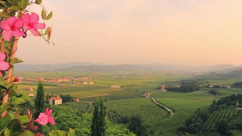 Panning shot of breathtaking sunset over idyllic Italian countryside near Verona Stock Footage 264348559
