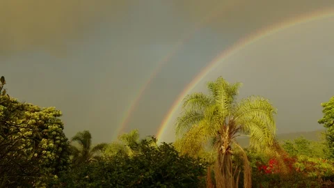 A panning shot of a bright double rainbow Stock Footage 100196536