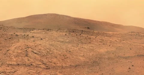 Panning shot, with camera shake, of moderate dust storm at Tuskegee Crater, Mars Vidéo 59146484