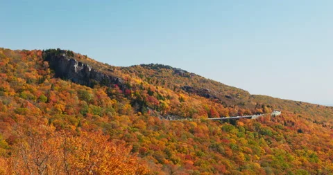 Panning shot of colorful trees in Fall Autumn in the Blue Ridge Mountains. Cars Stock Footage 220528686