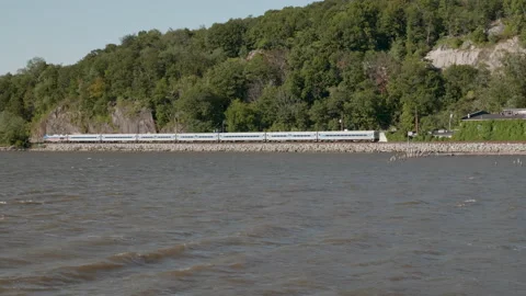 Panning shot of a commuter train in motion nearby a river Stock Footage 131152945