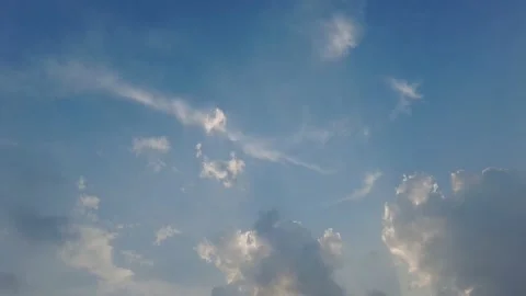 Panning Shot of Dark white clouds fly across a bright blue sky 4K Stock Footage 201179246
