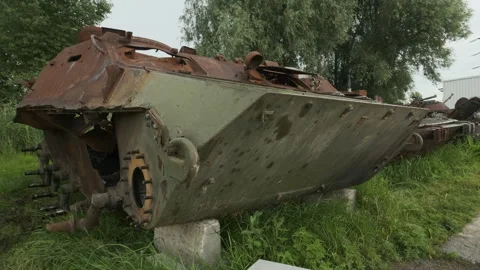 Panning Shot of Destroyed Russian MT-LB Armored Vehicle Following Invasion of Stock Footage 341555311
