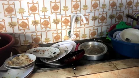 Panning Shot Disgusting Dirty Kitchen Rotting Food Flies Unwashed Dishes Stock Footage 254031367