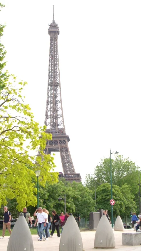 Panning Shot of Eiffel Tower and Tourists in Paris City Park Stock Footage 335498537
