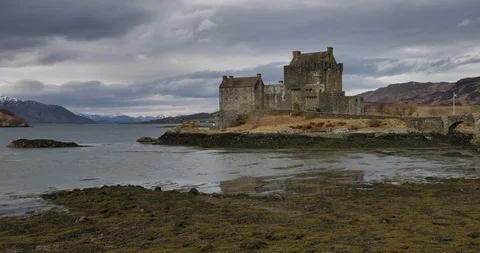 Panning shot of Eilean Donan castle Stock Footage 97863797