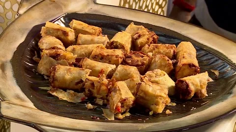 Panning Shot of Elegant Indian Wedding Buffet Setup Traditional Dishes Stock Footage 346388545