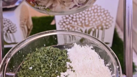 Panning Shot of Elegant Indian Wedding Buffet Setup Traditional Dishes Stock Footage 346388638