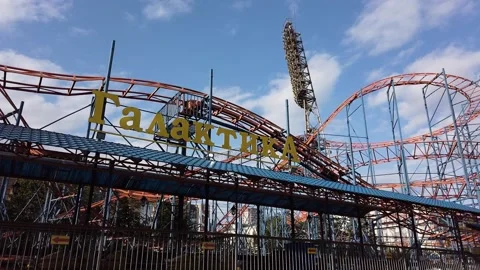 Panning shot of empty amusement park called Galaxy (Galaktika) in Stock Footage 138600233