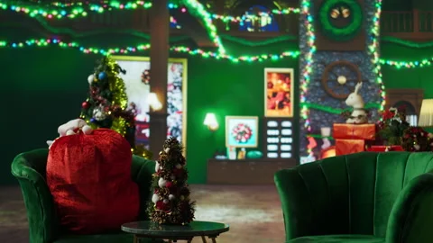 Panning shot of empty room decorated with Christmas tree Stock Footage 316721758