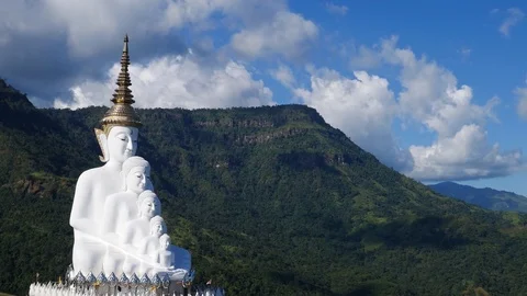 Panning shot of Five Buddhas at Wat Phra Thad Pha Son Kaew Temple Stock Footage 70287947