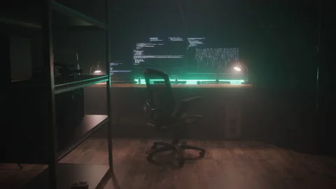 Panning in Shot of Hacker's Empty Chair as Computer Screens Download Information Stock Footage 208787121