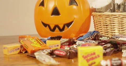 Panning shot of Halloween candy Stock Footage 137064564