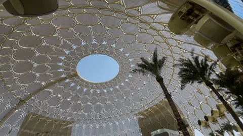 Panning shot looking up inside the Al Wasl dome at Expo 2020 Stock Footage 163049627