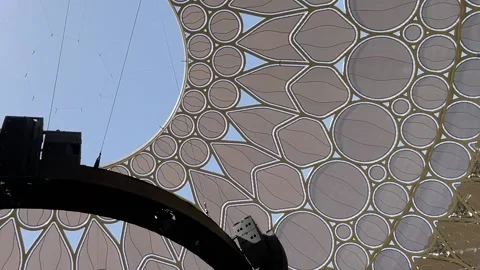 Panning shot looking up inside the Al Wasl dome at Expo 2020 Stock Footage 171762315